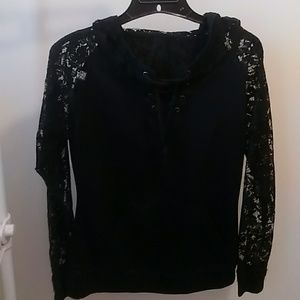 Fabulous black hoodie tie sweatshirt with lace.